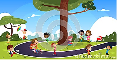 Many cartoon children play in the summer park. Vector Illustration