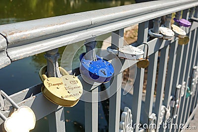 Many castles on the bridge closed and suspended on the wedding day for luck Stock Photo