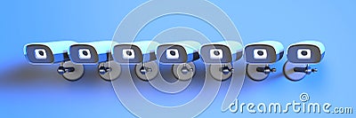 Many cctv cameras in blue neon lighting close-up Cartoon Illustration