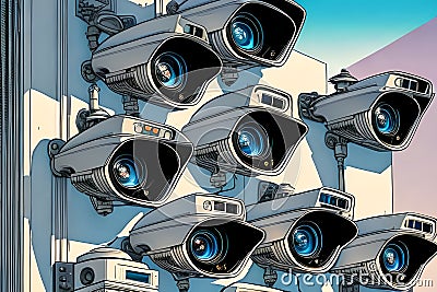 Many CCTV cameras on building wall Stock Photo