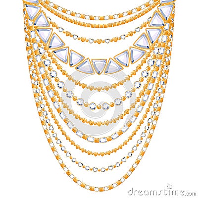 Many chains golden metallic necklace Vector Illustration