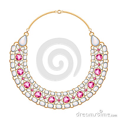 Many chains golden metallic necklace with pearls and rubies. Vector Illustration