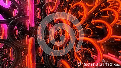 Many chains of rotating multicolored rings. Motion. Space with many chains and rotating rings. Infinite number of rings Stock Photo