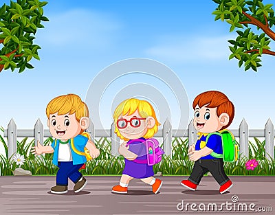 Many children go away to school Vector Illustration