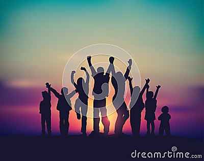 Many children happy family group and sunrise sky silhouettes. Vector Illustration