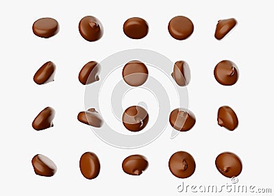 Many chocolate chips on white background 3d illustration Cartoon Illustration