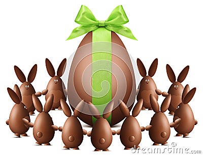 many chocolate easter bunnies with egg and green ribbon bow dancing isolated on white background Stock Photo