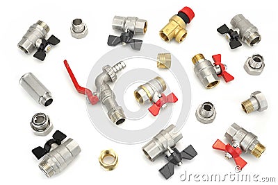 Many Chrome Plated Brass Ball Valve Isolated On White Background Stock Photo