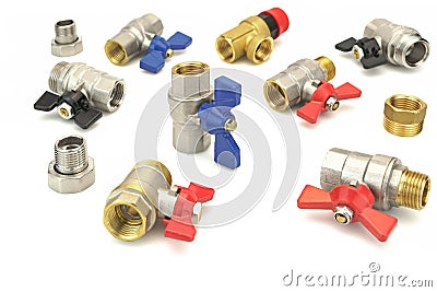 Many Chrome Plated Brass Ball Valve Isolated On White Background Stock Photo