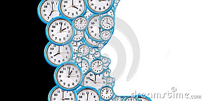 Many clocks symbolizing the inexorable passage of time and the contour of the face that opposes time Stock Photo