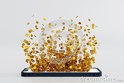 Many coin up rising from smartphone screen, take profit from online e-commerce, 3D rendering Stock Photo