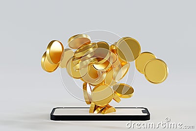 Many coin up rising from smartphone screen, take profit from online e-commerce, 3D rendering Stock Photo