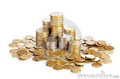 Many coins in columns isolated. Ukrainian coins Stock Photo