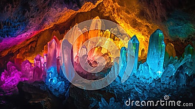 Many color gem glass stalagmite formations inside cave Stock Photo