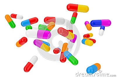 Many Color Health Care Pills Capsules. 3d Rendering Stock Photo