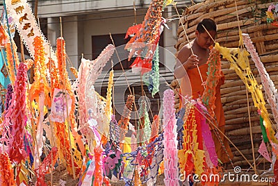 Many Color paper flag in temple of Thailand,For Buddha worship . Editorial Stock Photo