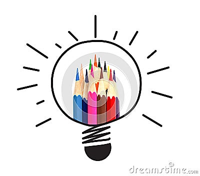 Many color pencil and light bulb on white, idea and teamwork Stock Photo
