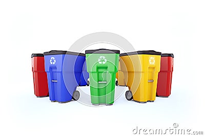 Many color plastic garbage bins with recycling logo. Stock Photo