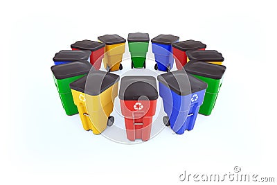 Many color plastic garbage bins with recycling logo. Stock Photo