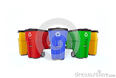 Many color plastic garbage bins with recycling logo. Stock Photo