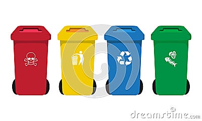 Many color wheelie bins set with waste icon Vector Illustration