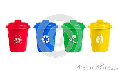 Many color wheelie bins set with waste icon Cartoon Illustration