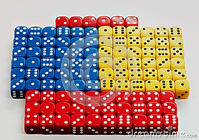 Many colored dice with random numbers being displayed Stock Photo