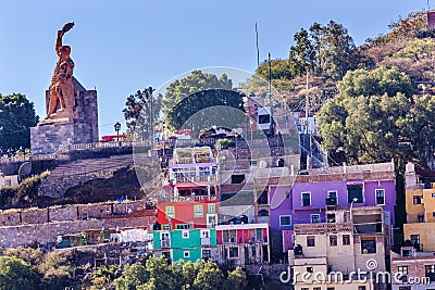 Many Colored Houses El Pipila Statue Guanajuato Mexico Stock Photo