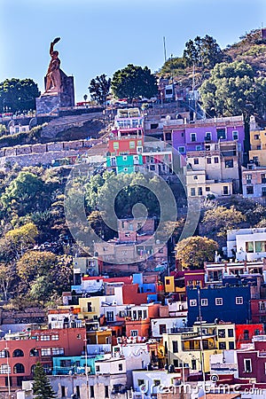 Many Colored Houses El Pipila Statue Guanajuato Mexico Stock Photo