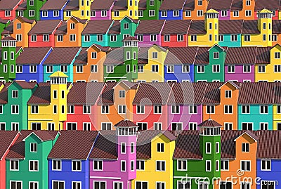 Many colored low-rise houses stand tightly in a row on cascading terraces of rolling hills. Bright multi-colored townhouses. 3D Stock Photo