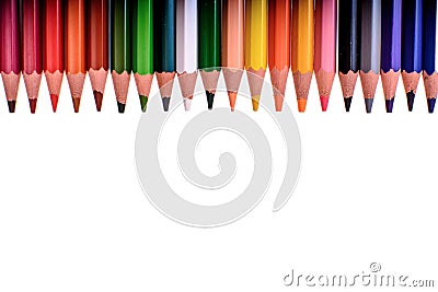 Many colored pencils isolated on white background, place for text Stock Photo