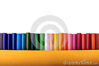 Many colored pencils isolated on white background, place for text Stock Photo