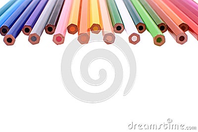 Many colored pencils isolated on white background, place for text Stock Photo