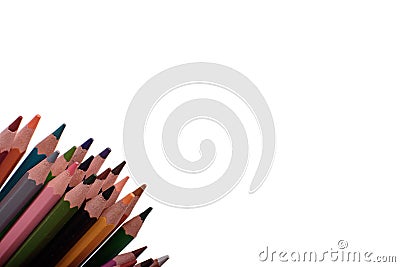 Many colored pencils isolated on white background, place for text Stock Photo