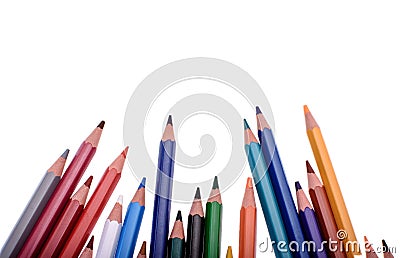 Many colored pencils isolated on white background, place for text Stock Photo