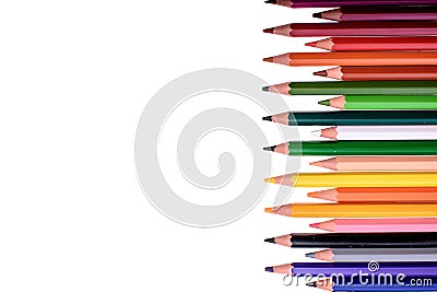 Many colored pencils isolated on white background, place for text Stock Photo