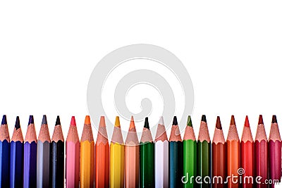 Many colored pencils isolated on white background, place for text Stock Photo