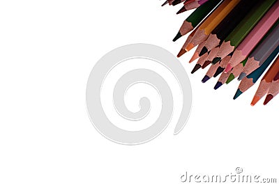 Many colored pencils isolated on white background, place for text Stock Photo