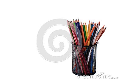 Many colored pencils isolated on white background, place for text Stock Photo