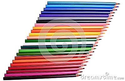 Many colored pencils isolated on white background, place for text Stock Photo
