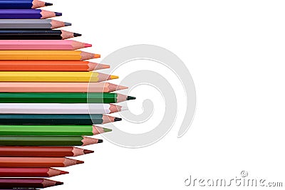 Many colored pencils isolated on white background, place for text Stock Photo