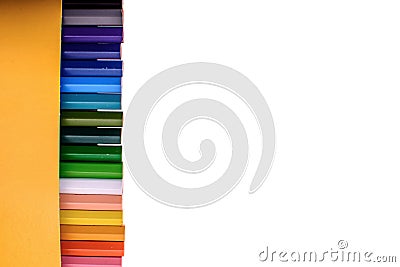 Many colored pencils isolated on white background, place for text Stock Photo