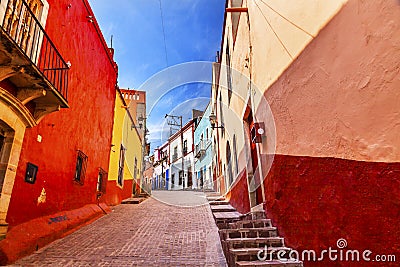 Many Colored Red Yellow Houses Narrow Street Guanajuato Mexico Stock Photo
