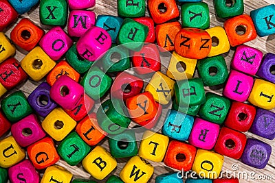 Many colored wooden blocks for learning words Stock Photo