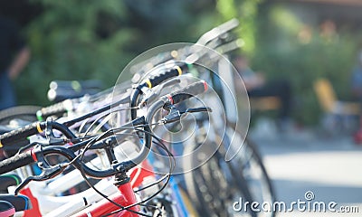 Many colorful bicycles in the city Stock Photo