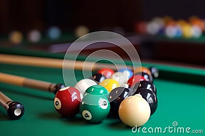 Many colorful billiard balls and cue on green table. Generate Ai Stock Photo