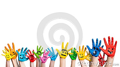 Many colorful hands with smileys Stock Photo