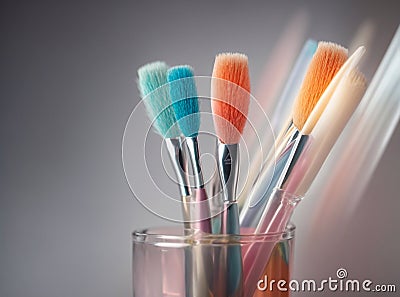 many colorful makeup brushes in glass cup Stock Photo