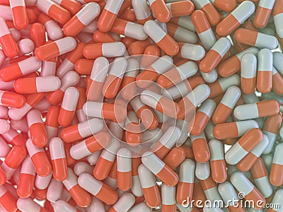 Many colorful pills abstract background. 3D Stock Photo