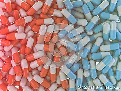 Many colorful pills abstract background. 3D Stock Photo